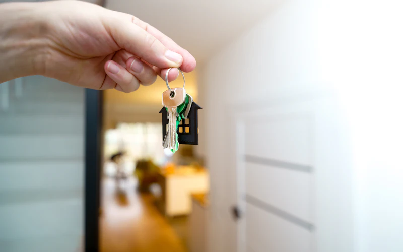 Hand übergibt einen Schlüsselbund an der Wohnungstür